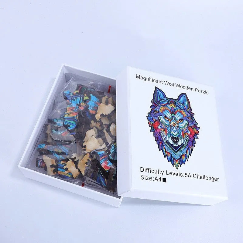A5 basswood wooden animal puzzle with short-haired dog illustration in white box packaging