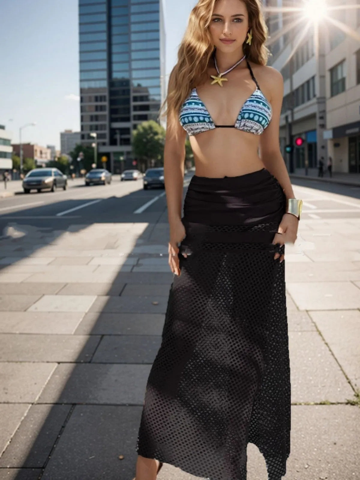 Women's gradient pattern bikini three-piece set with fishnet long skirt in black, brown or rose pink colours