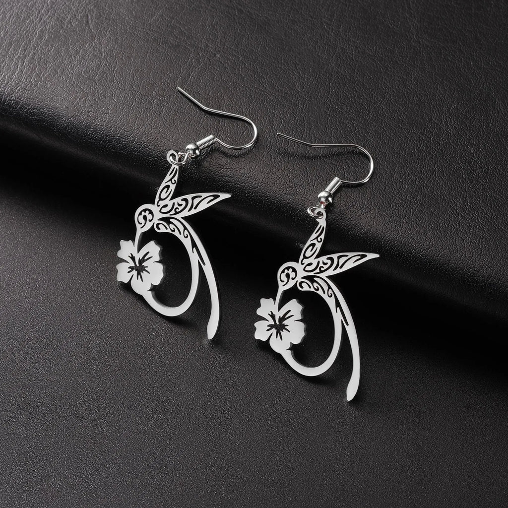 Pair of stainless steel hummingbird earrings with hollow openwork design, available in gold or steel colour
