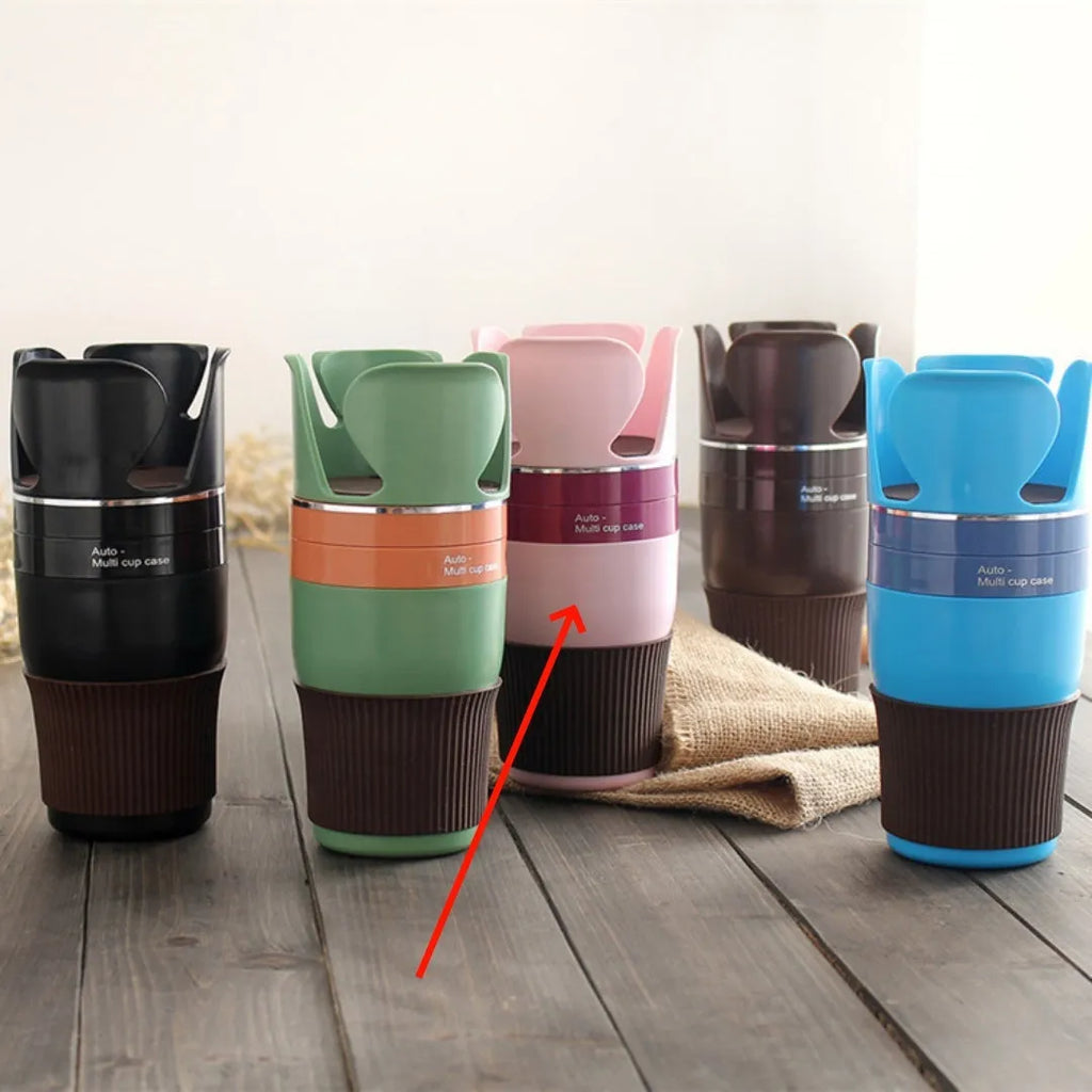 Car cup holder organiser with adjustable phone navigation bracket in multiple colours