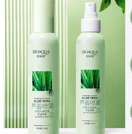 150ml clear bottle of moisturising toner spray with a white spray pump, suitable for all skin types.