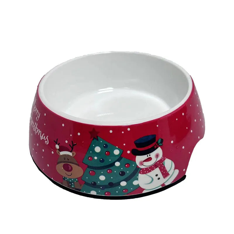 Red Christmas pet bowl with stainless steel double-layer construction in three size options for dogs and cats