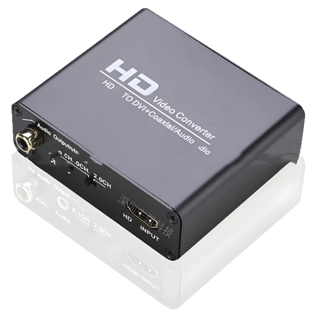 Black HDMI to DVI converter with coaxial audio output port and 1.5 metre cable