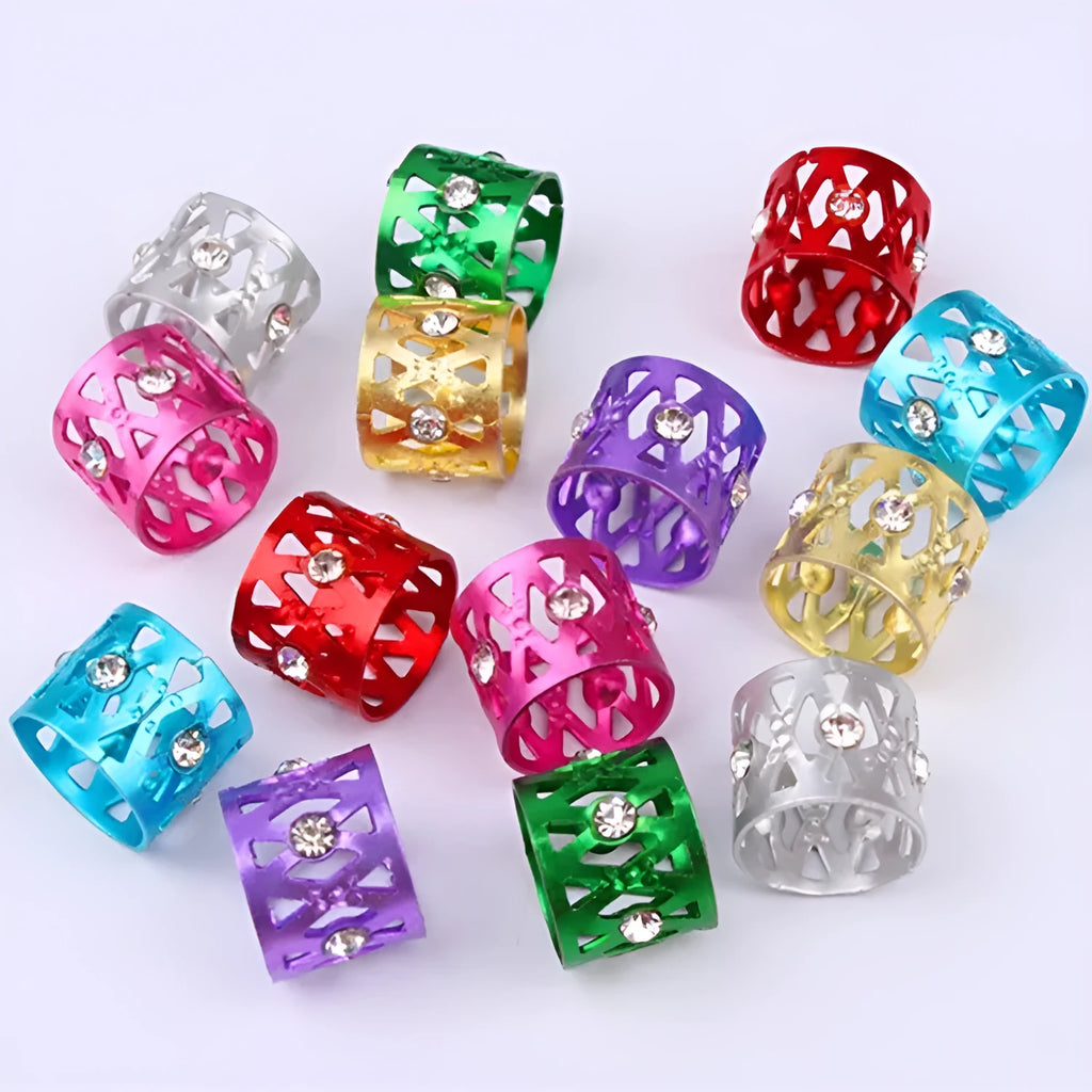 Aluminium hair ring in seven colours with hollow design featuring crown and heart shape decorations