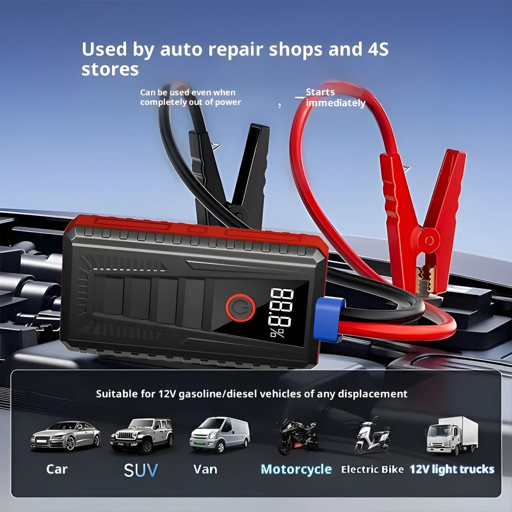 Car jump starter emergency power supply with 1000A peak current and 14.8V battery pack in storage bag