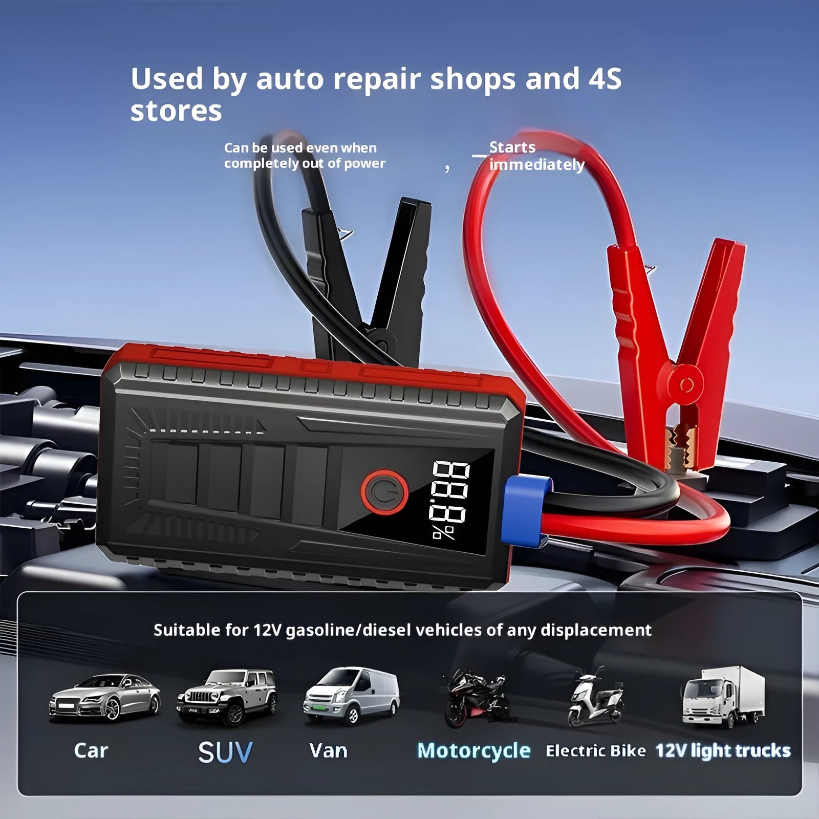 Car jump starter emergency power supply with 1000A peak current and 14.8V battery pack in storage bag