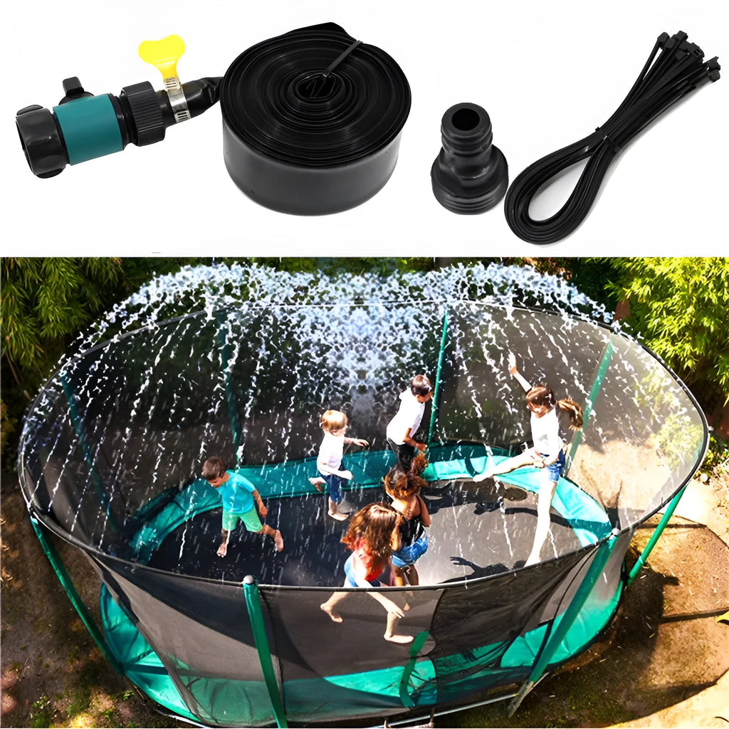Blue portable plastic garden sprinkler with solar water cooling feature on lawn