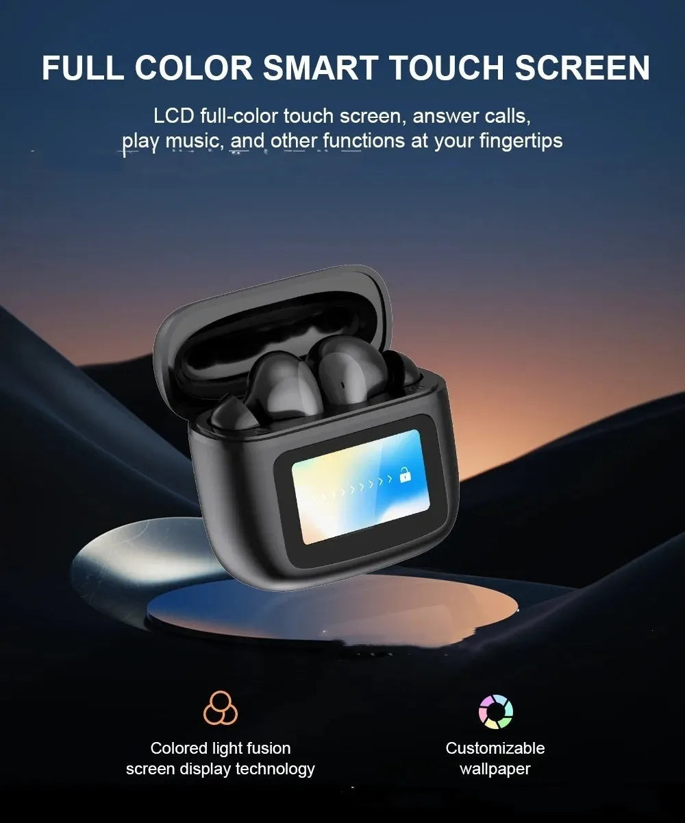 T68 PRO wireless Bluetooth in-ear headset with touch colour screen in black, silver, and champagne colours.
