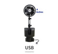 ABS plastic car cup holder fan showing 4-inch and 6-inch size options for 12V, 24V, or USB power.