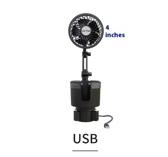 ABS plastic car cup holder fan showing 4-inch and 6-inch size options for 12V, 24V, or USB power.