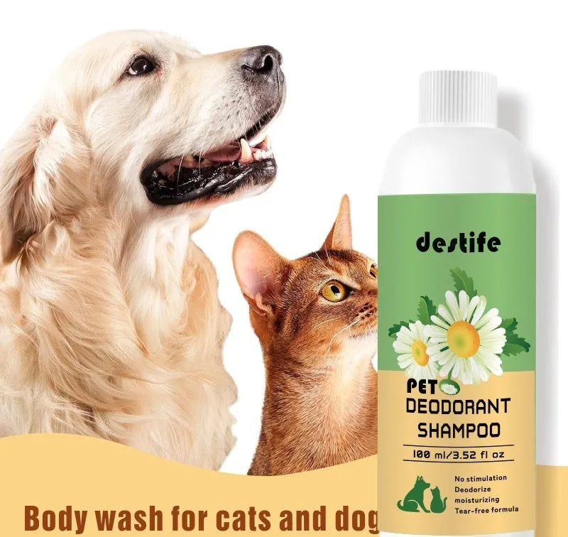 100ml bottle of pet shampoo shower gel with hair conditioner, fragrance and deodorant for dogs and cats