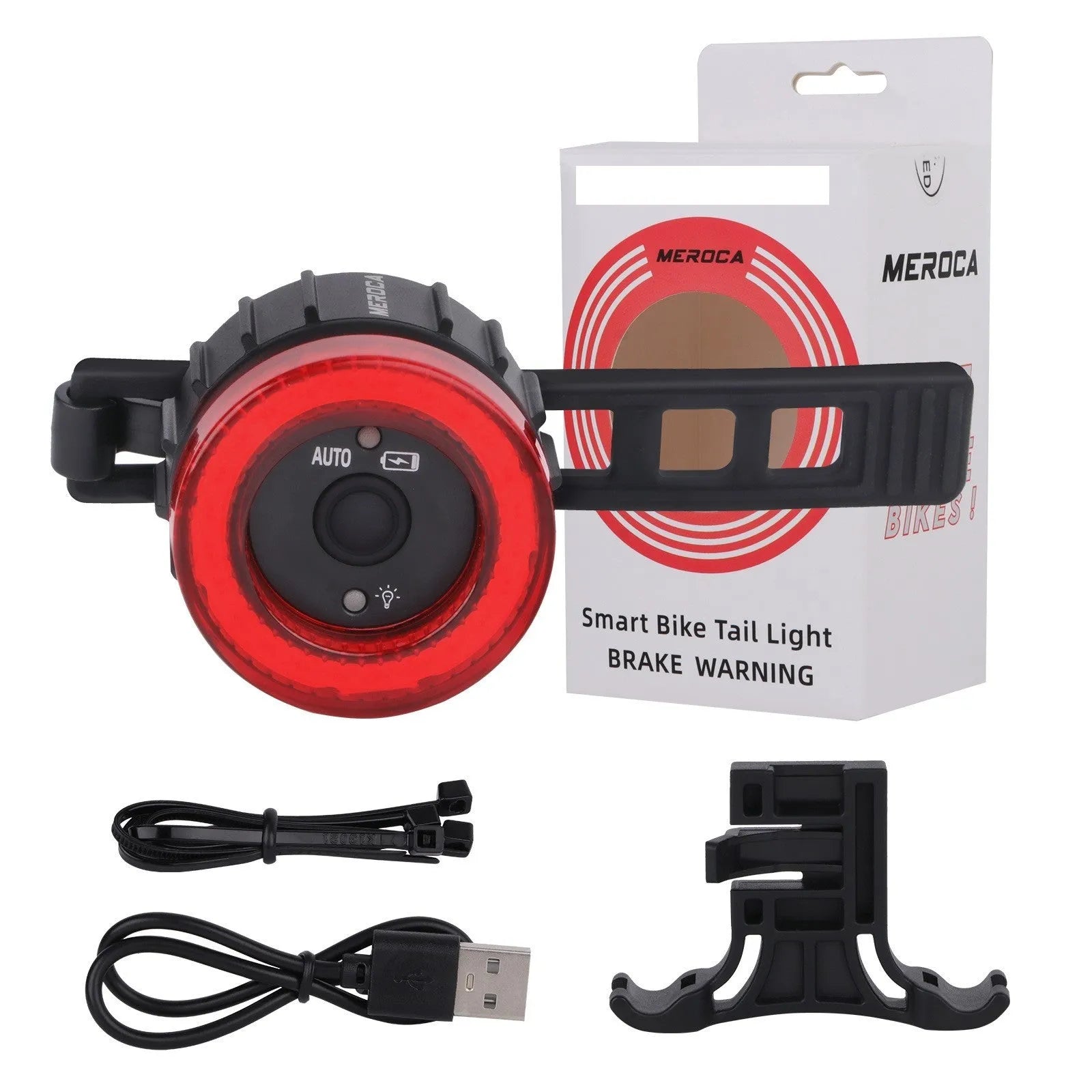 Black intelligent induction brake taillight for bicycles with aluminium alloy construction and two mounting brackets.