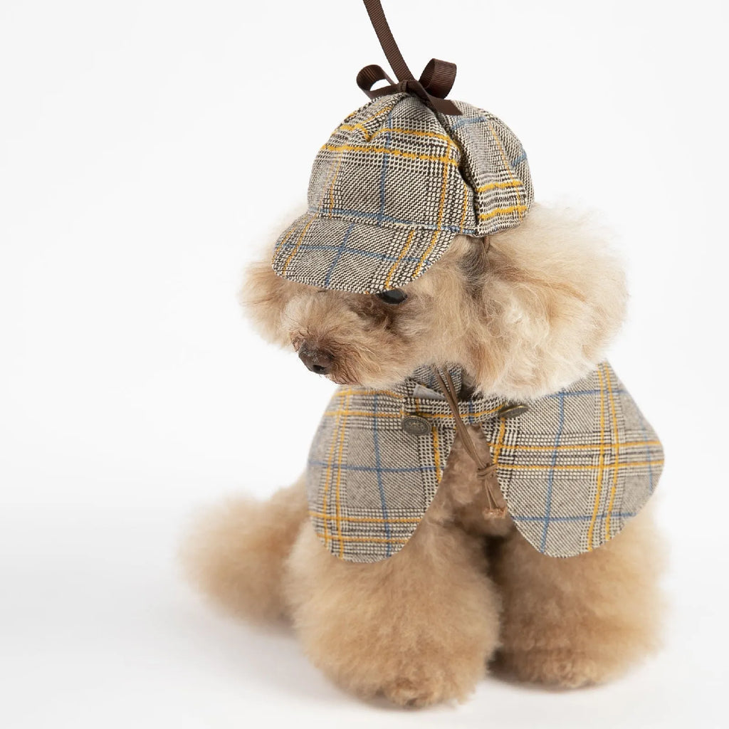 Camel coloured detective suit style cotton pet cloak with adjustable hat shown on dog model