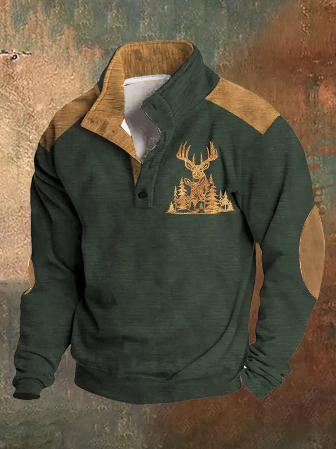 Loose fit long sleeve sweater with a 3D digital printed pattern and a four-button placket front.