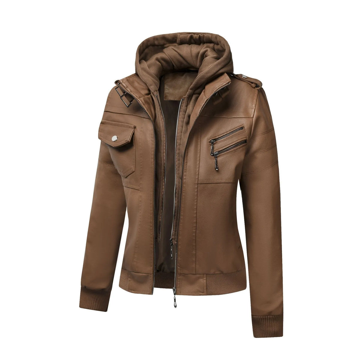 Women's black faux leather loose fit motorcycle jacket with pockets, street hipster style