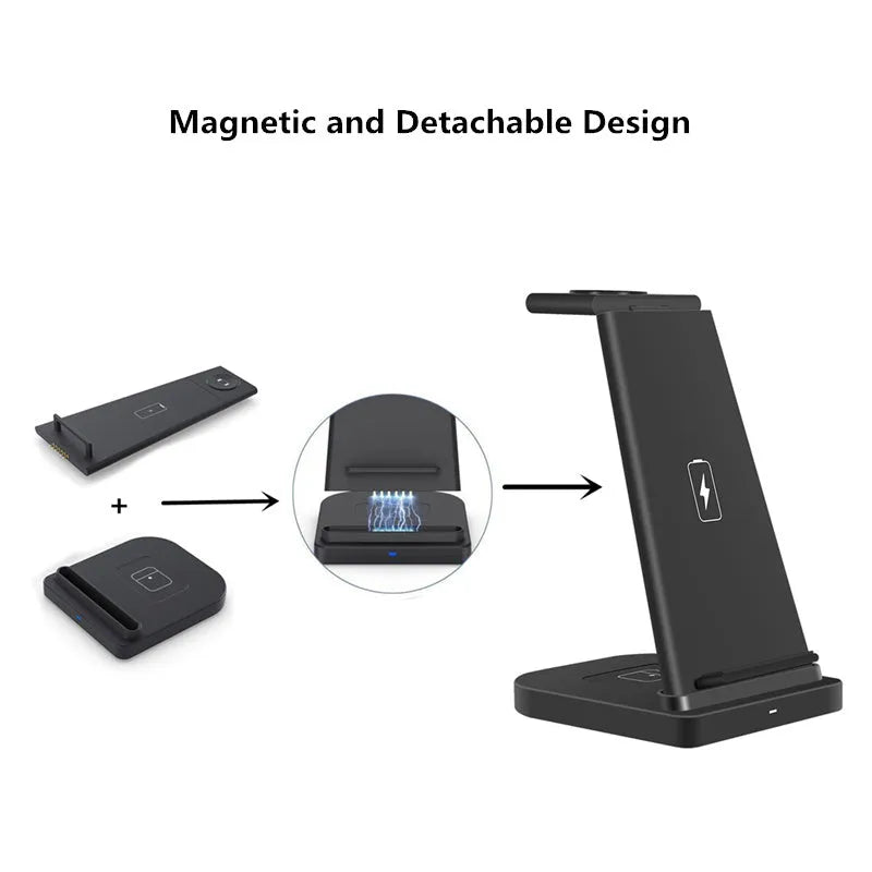 Foldable 3-in-1 wireless charger for phone, headphones and watch showing charging pads and 120cm USB cable