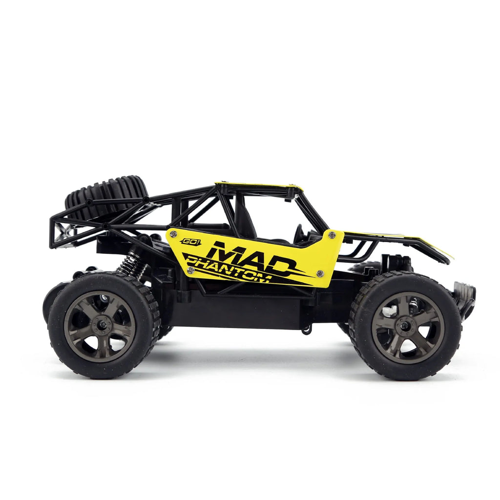 Blue and yellow 1:18 scale remote control drift car with 2.4G remote on a surface