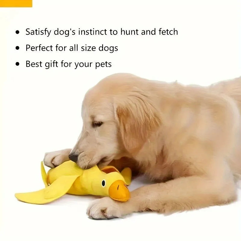 Yellow teddy duck dog toy with food leak openings for treat dispensing during training and play