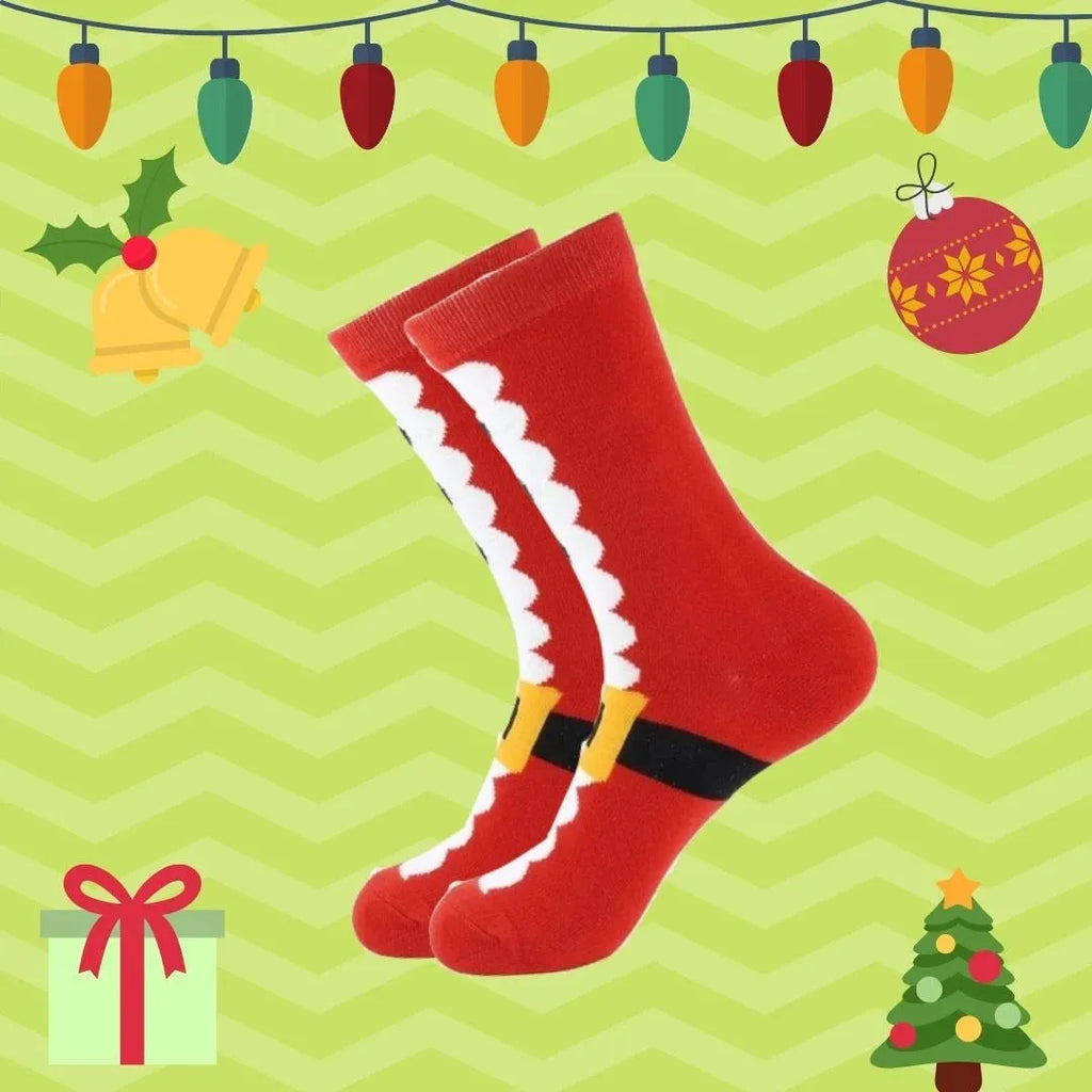 Pair of red Christmas Santa socks with cotton construction, crew length, and festive design