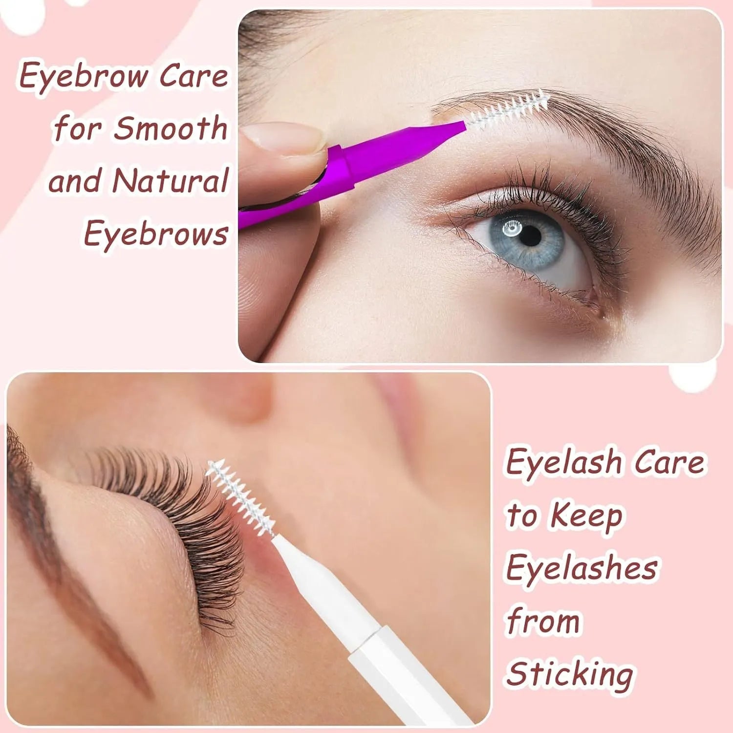 Set of micro eyebrow and lash brushes with protective caps in five colours: black, blue, purple, red, and white.