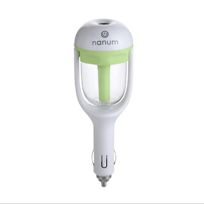 Portable car humidifier with essential oil diffuser function showing compact design for vehicle use