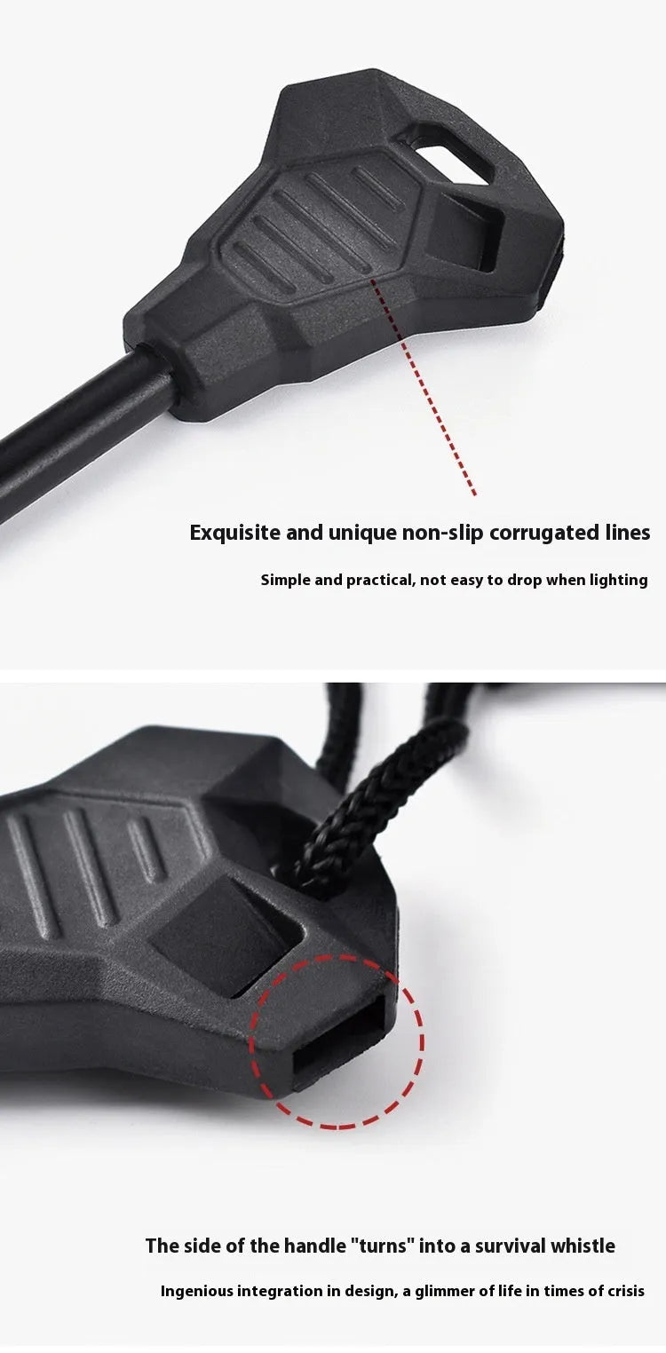 Black outdoor multifunctional flint with magnesium rod, stainless steel scraper, and survival whistle.