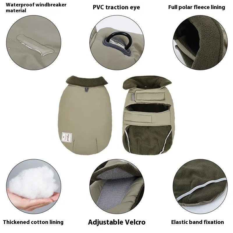 Dog wearing lapel turtleneck cotton-padded vest in khaki green colour