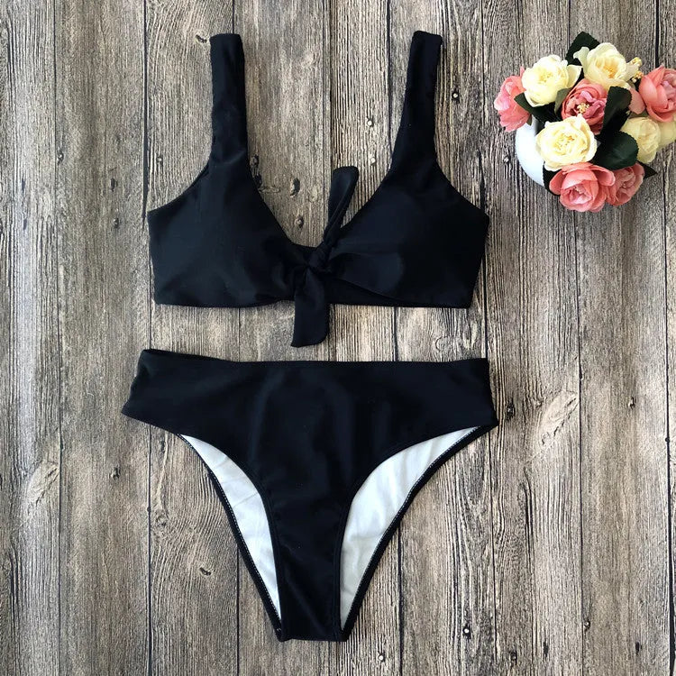 Women's polyester bikini swimwear set in black, pink, red, white, or wine red with bra and briefs