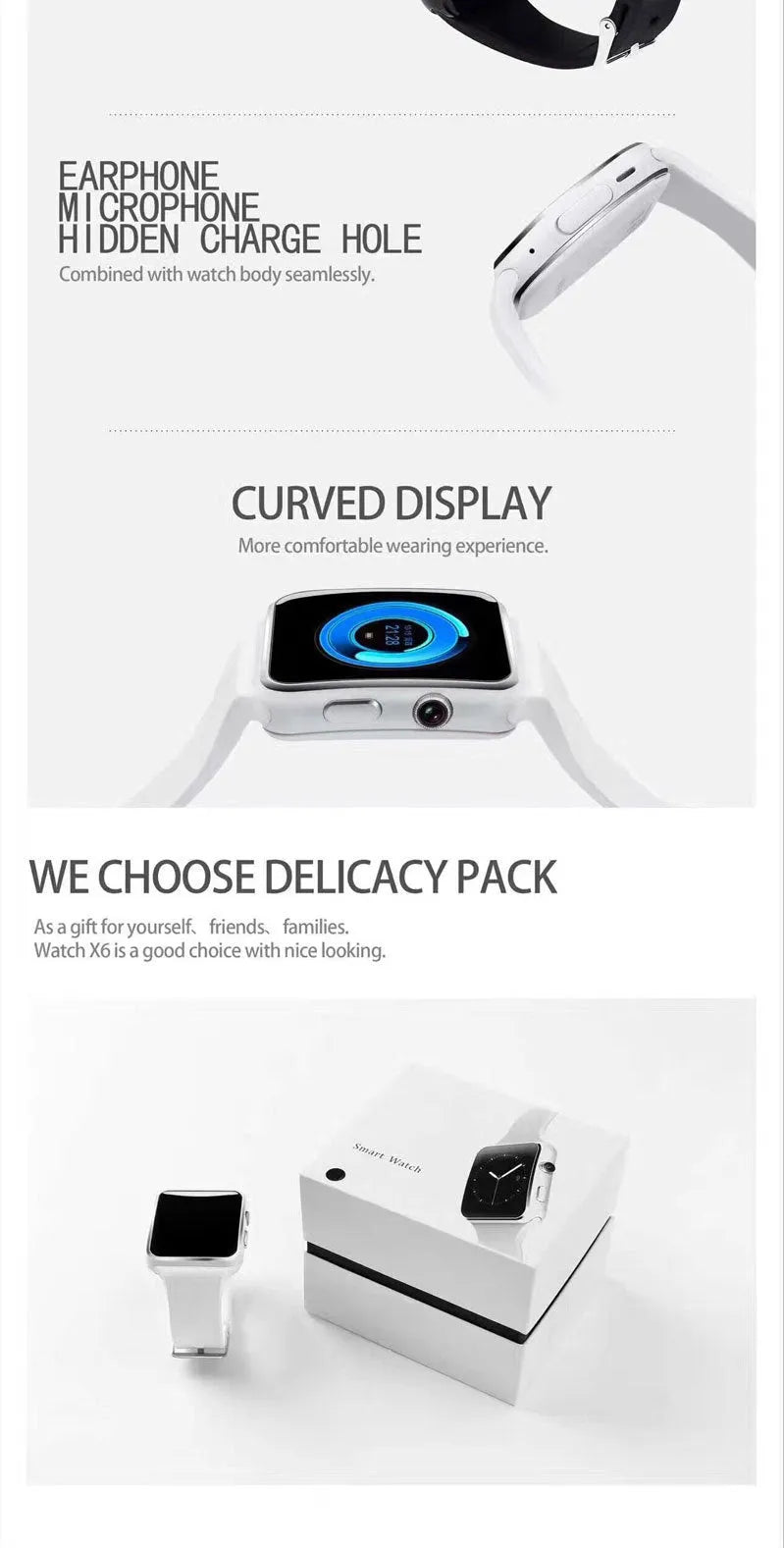 Smart watch with 1.54 inch touch screen and black silicone strap on a wrist