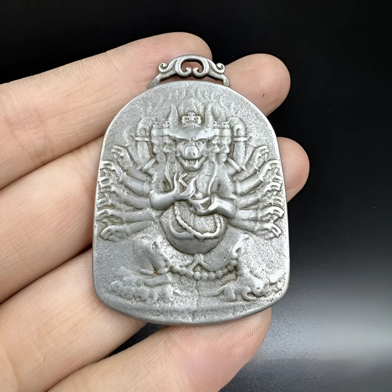 Antique iron pendant ornament with Chinese geometry and Aryaacalanatha Yamantaka design