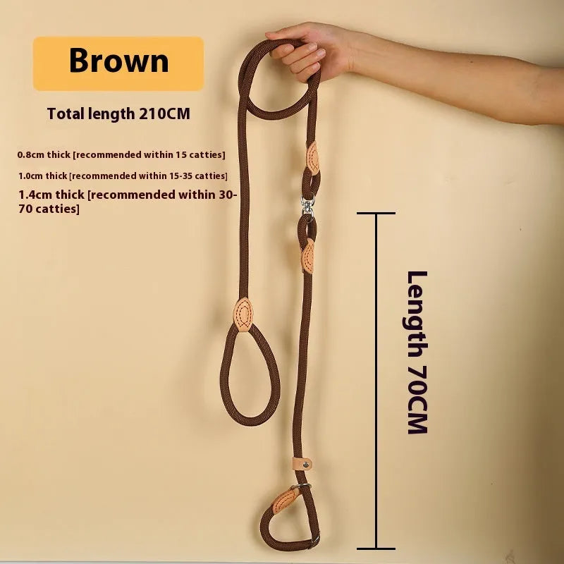 Brown nylon dog leash with P-chain attachment measuring 2.1 metres long
