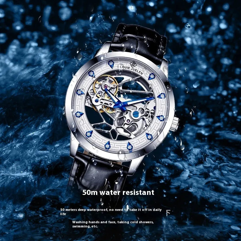 Silver men's mechanical watch with white dial, blue luminous hands, and a black leather strap.