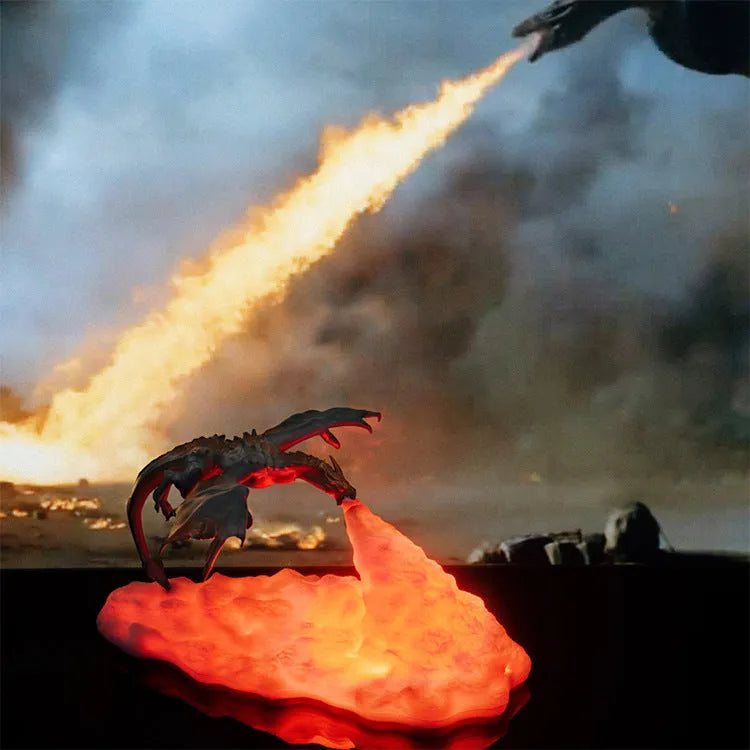 3D-printed dragon night light with red breathing light effect and USB charging cable