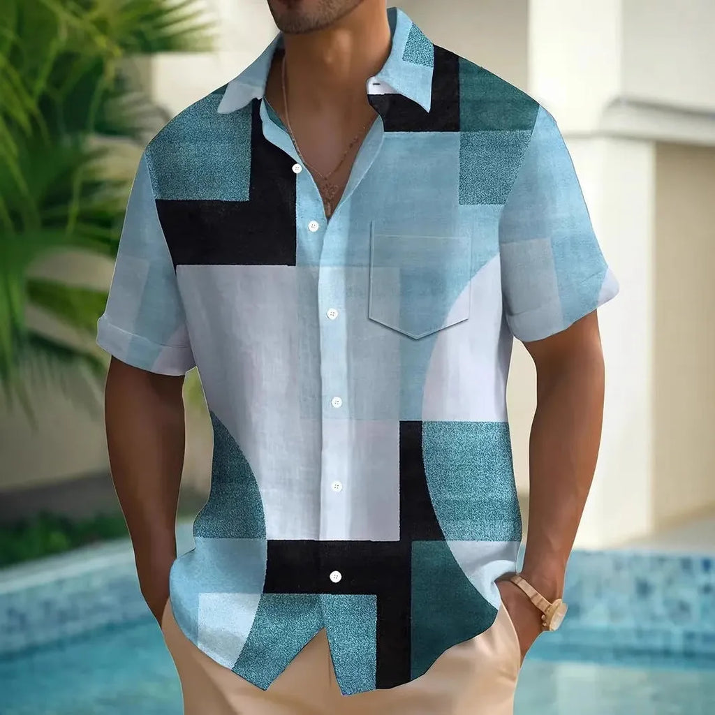 Man wearing a loose-fit geometric pattern cardigan shirt in contrasting colours, short sleeves.