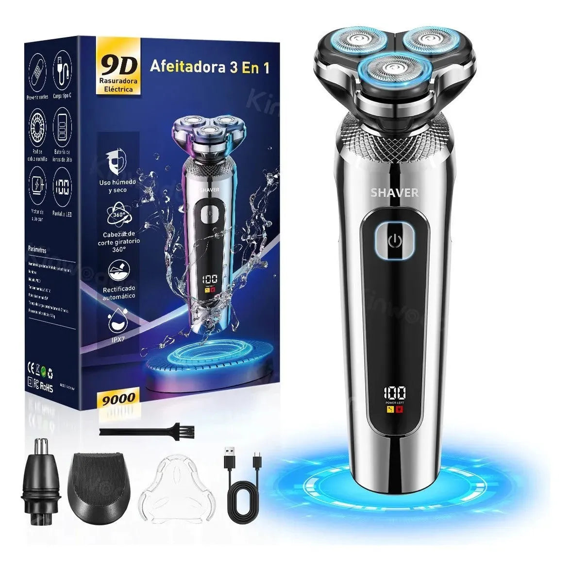 USB rechargeable beard trimmer with digital display on a five-in-one charging base bracket.