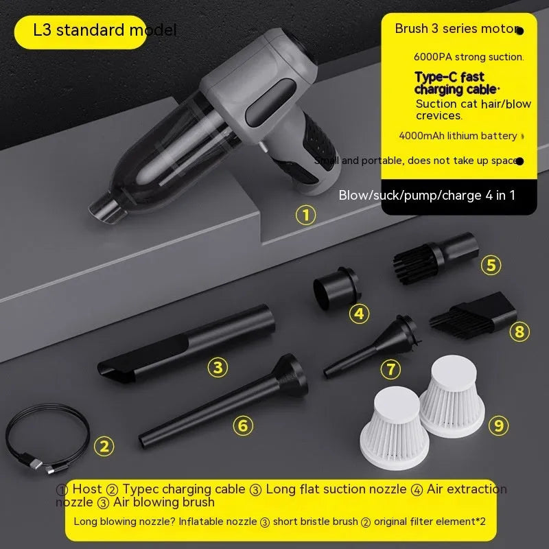 Black cordless handheld car vacuum cleaner with attachments on a grey car seat.