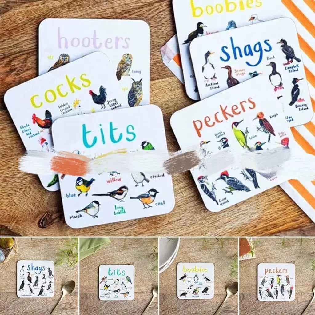 Set of 6 square bird pun coasters with PVC material, flower design, 10x10x0.35 cm each