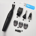 Men's electric trimmer set with black reciprocating shaver, attachments, and positioning combs
