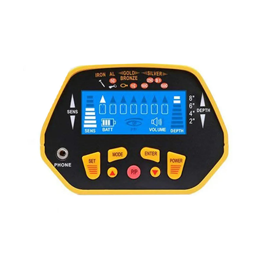 GC1028 black and yellow professional metal detector with LCD display and adjustable pole.