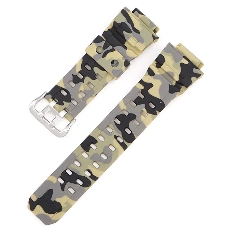 Camouflage TPU watchband with silver buckle, showing strap length and colour options