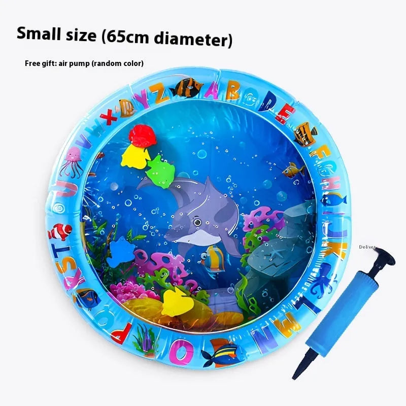 Inflatable blue pet cooling water mat with dolphin print, filled with water for a dog or cat.