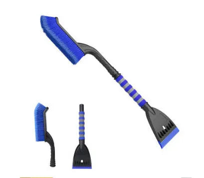 Blue and yellow long-handled car snow brush and ice scraper with plastic construction