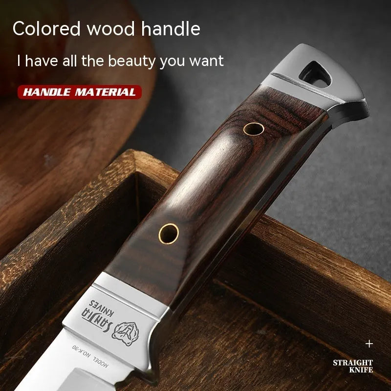 Camping portable fruit knife with leather case, stainless steel national style design