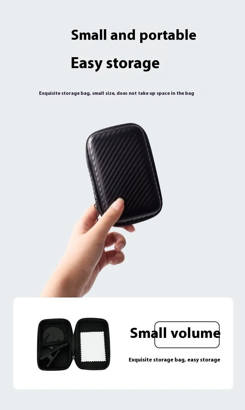 Black mobile phone rear camera self-timer clip with mirror, plastic and glass, includes lens, cloth, and storage box.