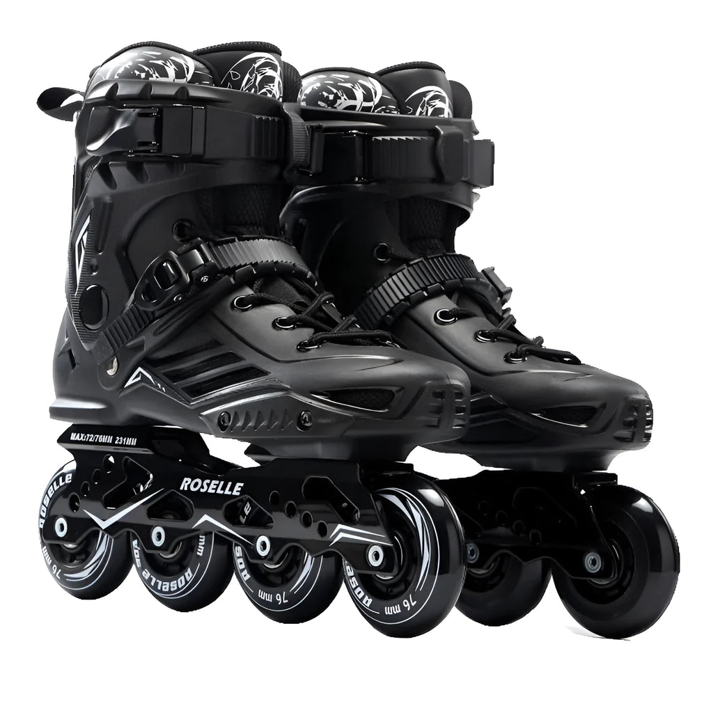 Adult inline roller skates for beginners with PP shell, aluminium frame, and PU wheels, black colour, side view