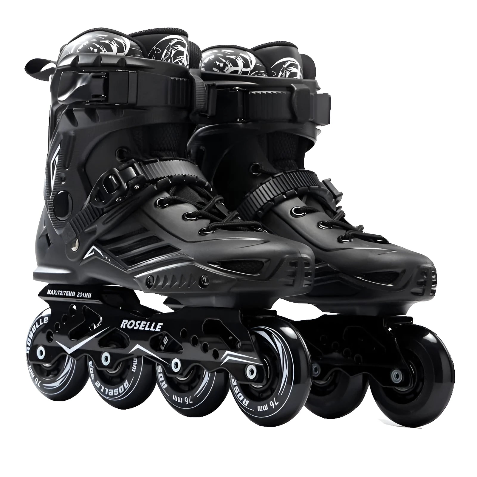 Adult inline roller skates for beginners with PP shell, aluminium frame, and PU wheels, black colour, side view