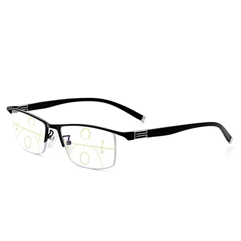 Integrated focus reading glasses with metal optical frame, dragon and phoenix pattern, black blue or gun colour