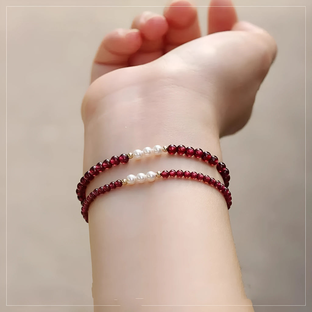 Garnet red crystal and white artificial pearl bracelet for women, shown in 3mm and 4mm bead size options.