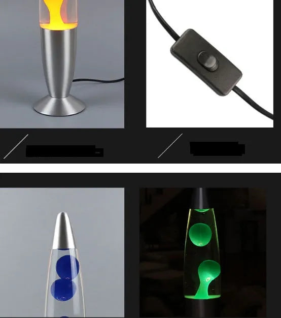 Metal bottom lava lamp with glass bottle on aluminium base, 33 cm tall