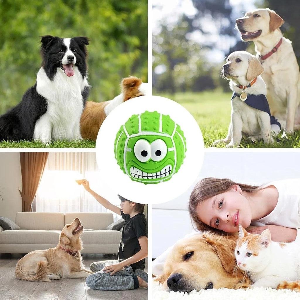Green, orange, and yellow smile face latex squeaky dog ball toy.